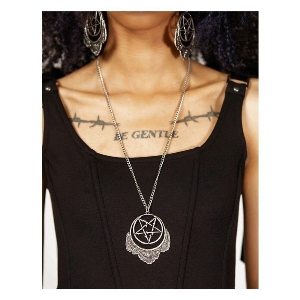 Killstar Mushroom ritual Silver Pentagram Moon Pendant Necklace Gothic Jewelry - Picture 4 of 4
